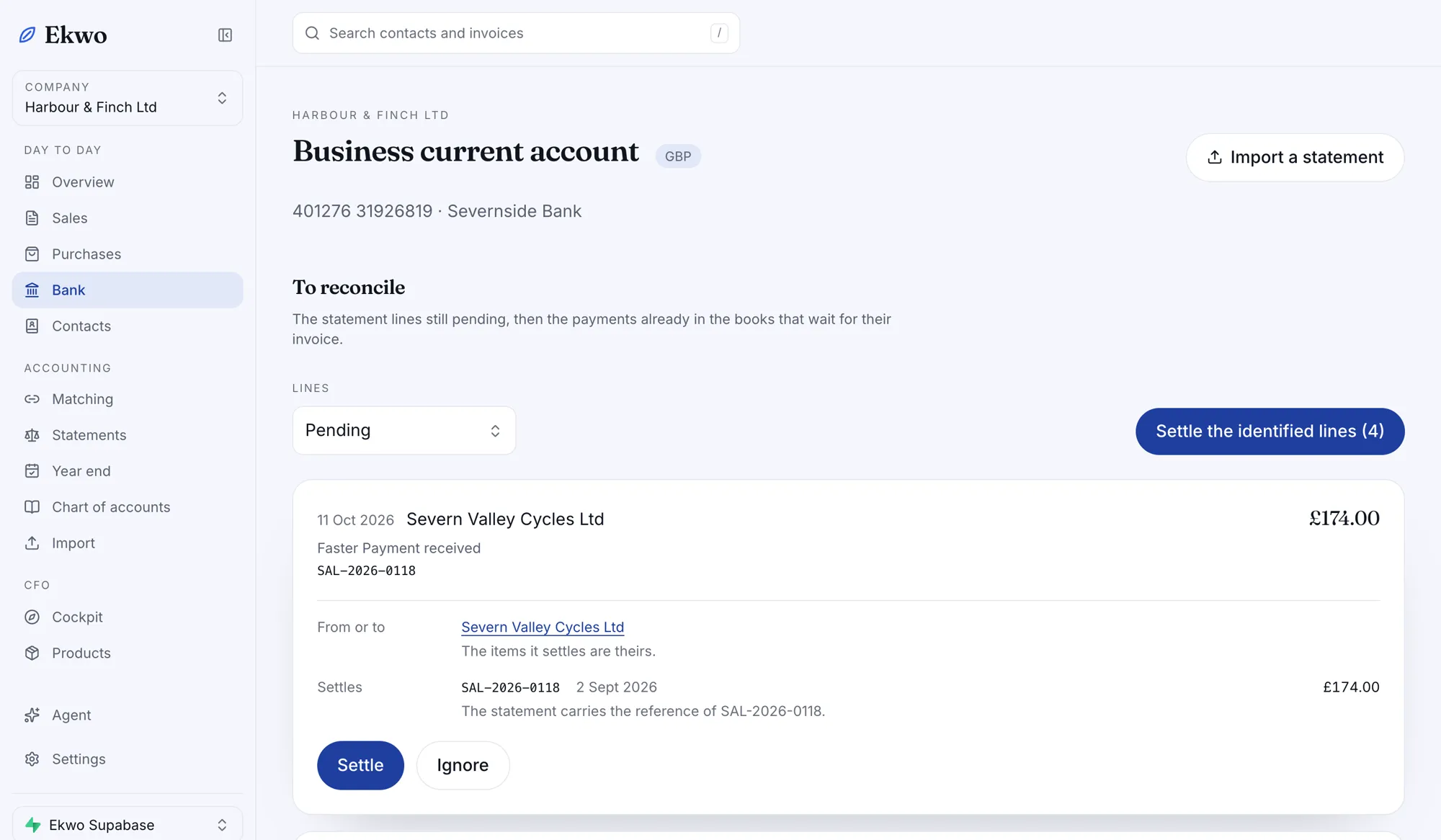 Un compte bancaire dans Ekwo Cloud, avec les lignes de relevé à rapprocher